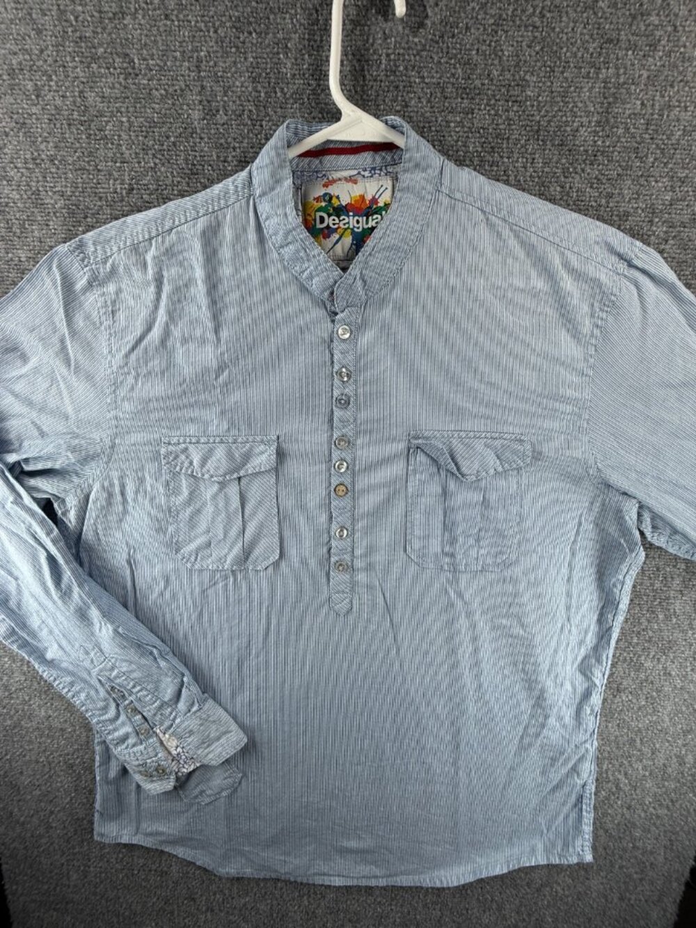 Desigual Striped All Cotton XL Band Blue Button Up Men Shirt Long Sleeve Pocket